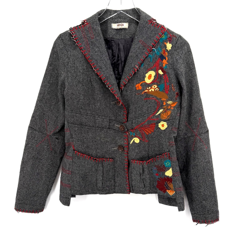 Hendi Wool Blend Embroidered Floral Blazer Jacket Size L Whipstitch Gray